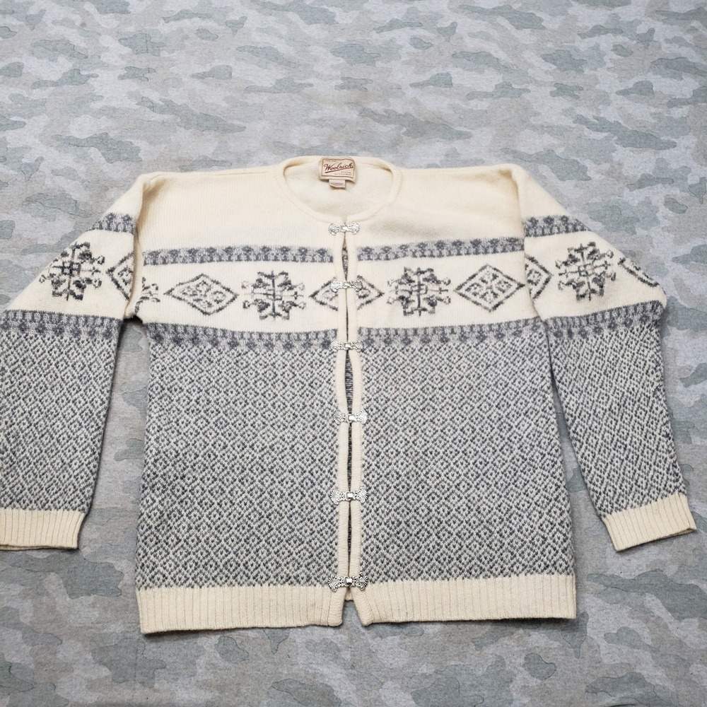 Woolrich Cardigan Sweater Womens Medium Beige Nordic Snowflake Clasp Wool Blend